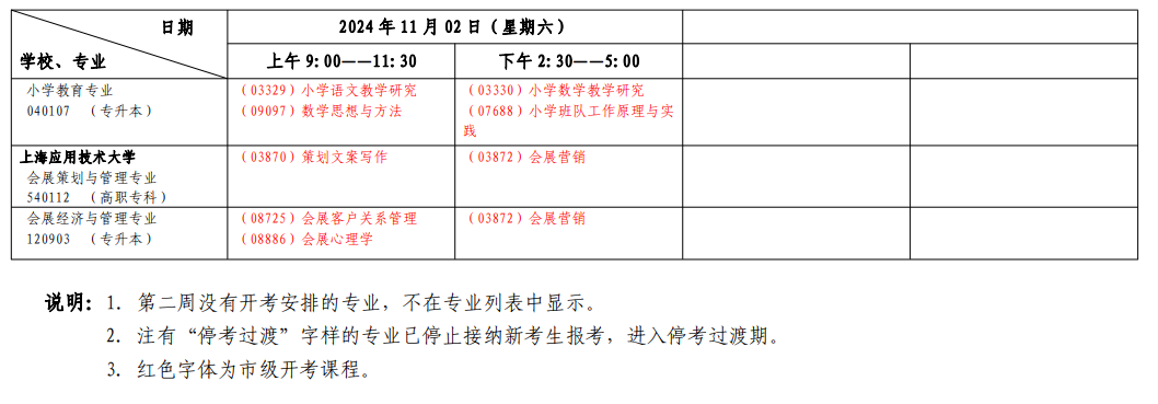 2024年11月上海市自学考试考试安排